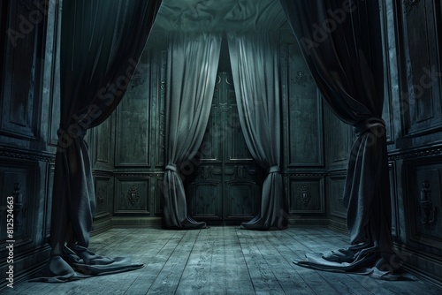 A dark room with two doors and two curtains