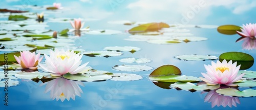 A beautiful image of a pond with many pink flowers floating on the water