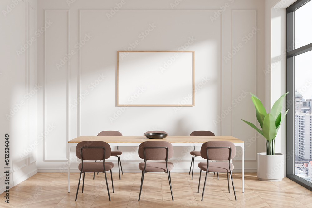 Modern dining room with a blank framed poster on the wall, wooden table, chairs, and a plant, on a city background, mockup concept. 3D Rendering