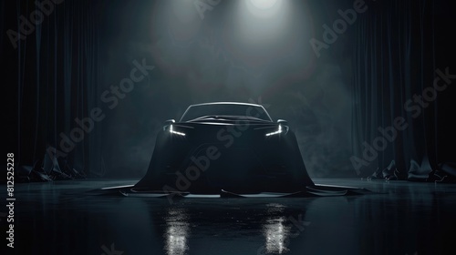 Car presentation in a dark room with black fabric covering. Car reveal concept. A car under cloth on a stage for advertisement or promotion of a new model. photo