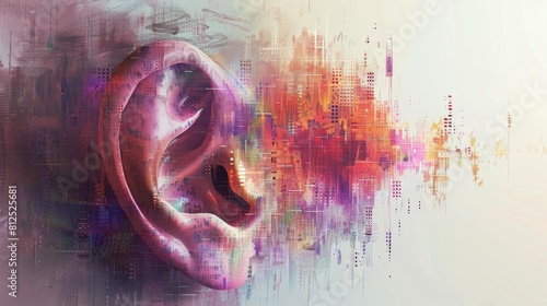Artistic interpretation of an ear with hearing loss, fading sound waves in muted tones