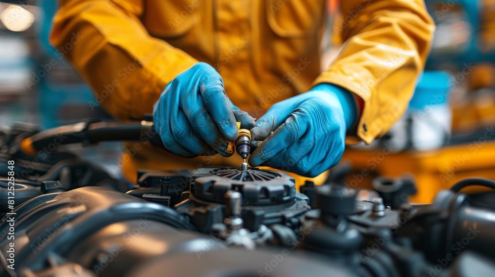 Auto mechanic replacing spark plugs, essential engine maintenance for optimal performance Auto mechanic replacing spark plugs, essential engine maintenance for optimal performance