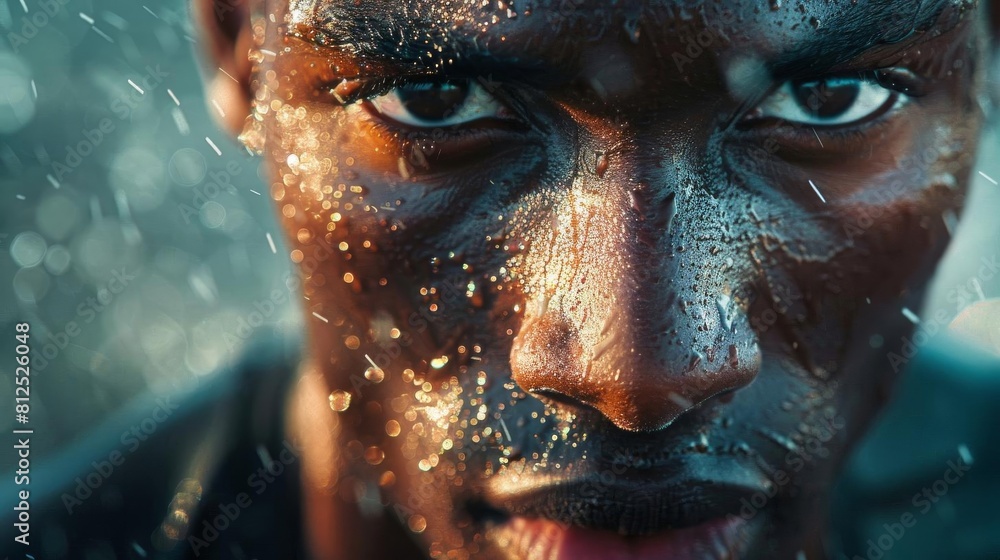 Closeup action shot of a runner s face and upper body, focusing on the texture and fit of the sweatwicking sportswear against an intense workout backdrop Closeup action shot of a runner s face and upper body, focusing on the texture and fit of the sweatwicking sportswear against an intense workout backdrop