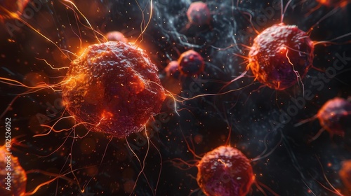 Cancer cells spreading, aggressive reds and oranges against a stark black background