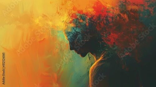 Chronic fatigue syndrome, a human figure dissolving into a background of washedout colors photo