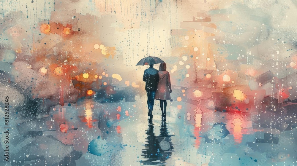 Digital watercolor of a couple walking in the rain, umbrellas and reflective puddles in muted colors Digital watercolor of a couple walking in the rain, umbrellas and reflective puddles in muted colors