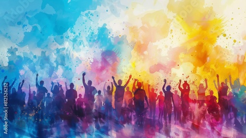Digital watercolor of a summer festival, crowds and festivity in a burst of joyful colors