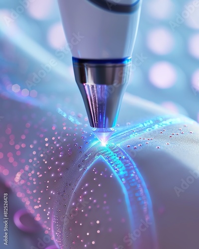 Closeup of laser hair removal process, showing the laser tip and skin contact, top view, Hairless skin prep, digital binary as object, Vivid