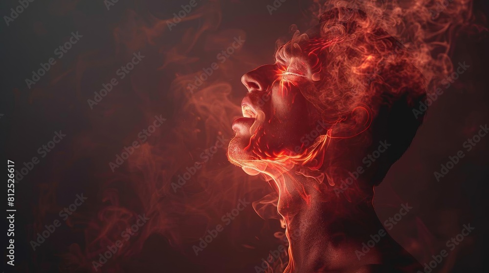 Image of acid reflux, burning reds creeping up a throat silhouette against a dark background Image of acid reflux, burning reds creeping up a throat silhouette against a dark background