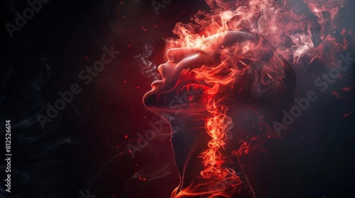 Image of acid reflux, burning reds creeping up a throat silhouette against a dark background