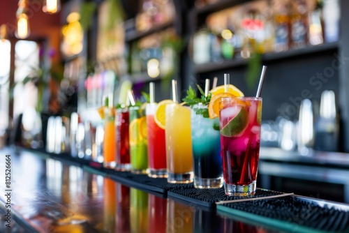 A row of colorful  handcrafted alcoholic beverages lined up on the bar  super realistic