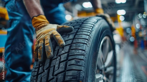 Mechanic changing tires, detailed focus on hands and tools, dynamic garage setting
