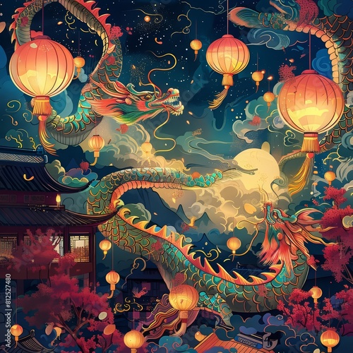 A Chinese art style creative design, merging the elegance of the MidAutumn Festival with mythical dragons weaving through lanternlit skies, set on a synth wave backdrop photo