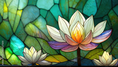 Stained glass art of lotus flowers with a gradient of colours. Water lily petals transition smoothly from hues.