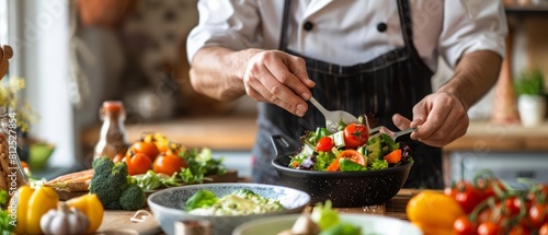 A closeup stock photo of a chef garnishing an organic vegan salad in a rustic kitchen setting  ideal for a healthy eating campaign  with copy space at the top