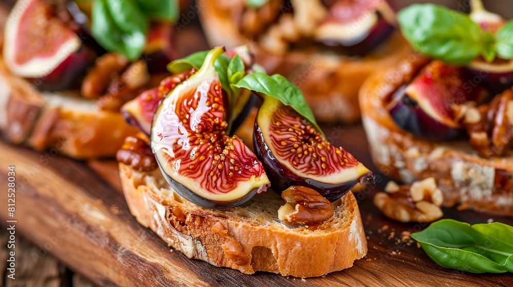 Savory Bruschetta topped with juicy figs, crispy walnuts, fresh basil, and sweet honey. A perfect starter or snack. Savory Bruschetta topped with juicy figs, crispy walnuts, fresh basil, and sweet honey. A perfect starter or snack.
