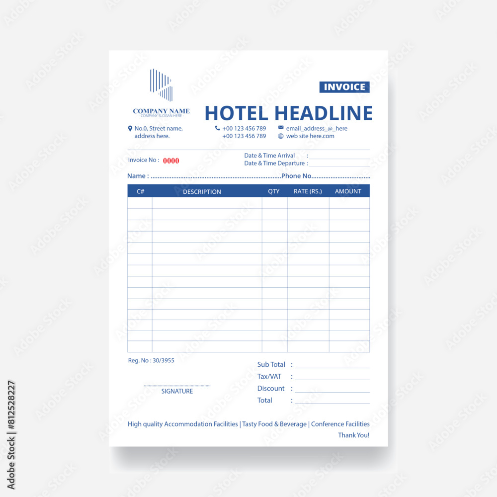 Obraz premium Hotel Headline Invoice Template. Vector Illustration.