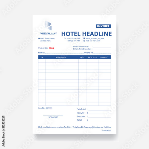 Hotel Headline Invoice Template. Vector Illustration.