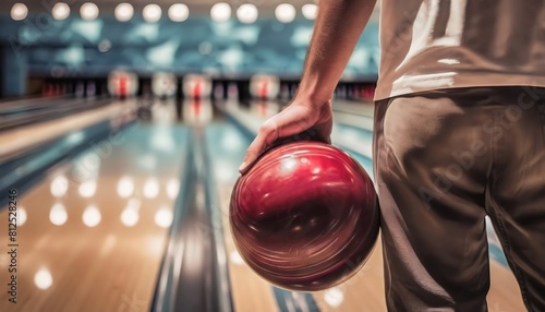 A bowler prepares to throw a red ball down the lane. The focus is on hand, alley and pins are blurred in the distance. Background with copy space. photo
