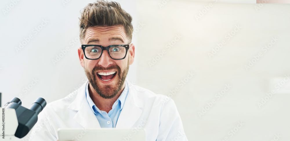 Man, portrait or excited in science laboratory for innovation, medical or orangutang eating plant research. Genes scientist, microscope or shock discovery for breakthrough, good news or mockup space Man, portrait or excited in science laboratory for innovation, medical or orangutang eating plant research. Genes scientist, microscope or shock discovery for breakthrough, good news or mockup space