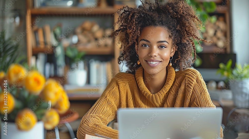 Wide illustration of a lady wearing yellow dress, sitting and working in a modern office, in front of a PC desktop computer screen Wide illustration of a lady wearing yellow dress, sitting and working in a modern office, in front of a PC desktop computer screen