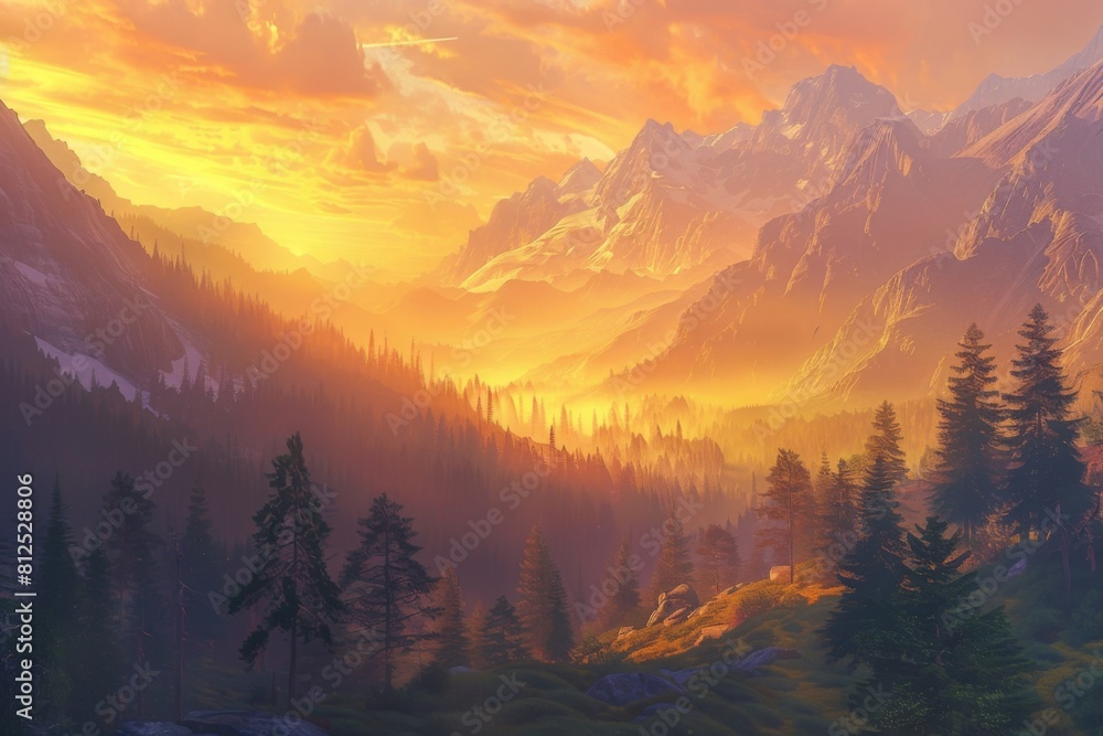 Golden Sunrise Over Misty Mountain Forest