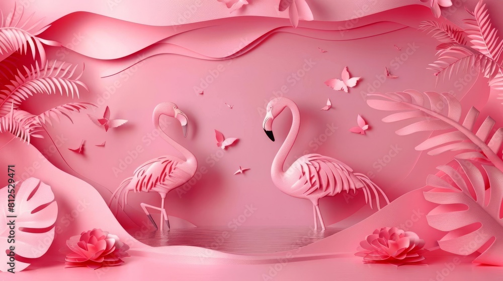 paper-cut-style background Flamingo pond , texture and shadow, fashion photography, space for text, 8k. paper-cut-style background Flamingo pond , texture and shadow, fashion photography, space for text, 8k.