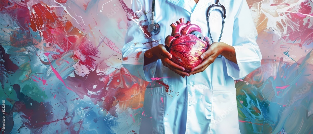 Fototapeta premium A digital art piece featuring a doctor with a model heart, suitable for use in blogs and articles discussing heart health and medical advancements in cardiology