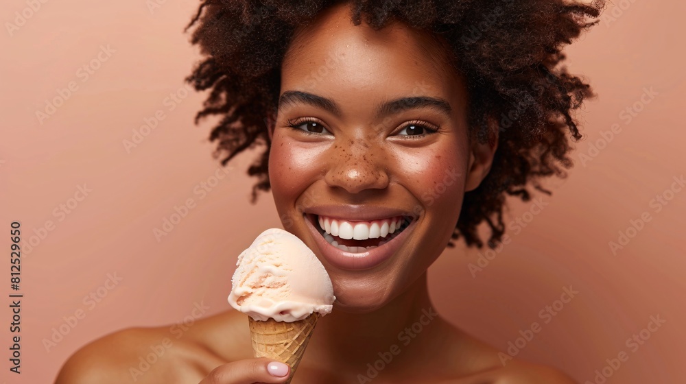 Black woman with ice cream on isolated background