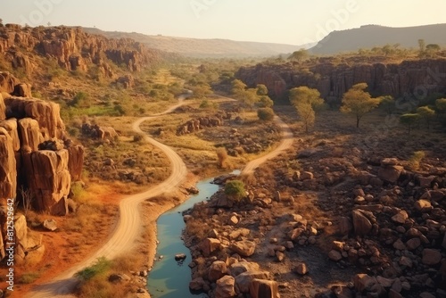Mali landscape. Serene African Landscape with Winding River and Rocky Cliffs at Sunset.