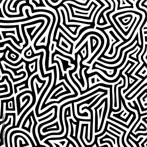 Seamless abstract maze design in black and white, ideal for backgrounds, puzzles, or concept illustrations involving complexity