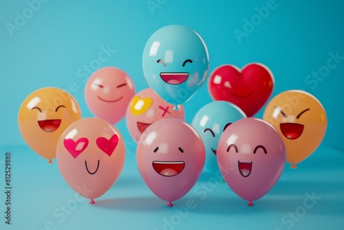 A bunch of balloons with different faces on them, including a heart