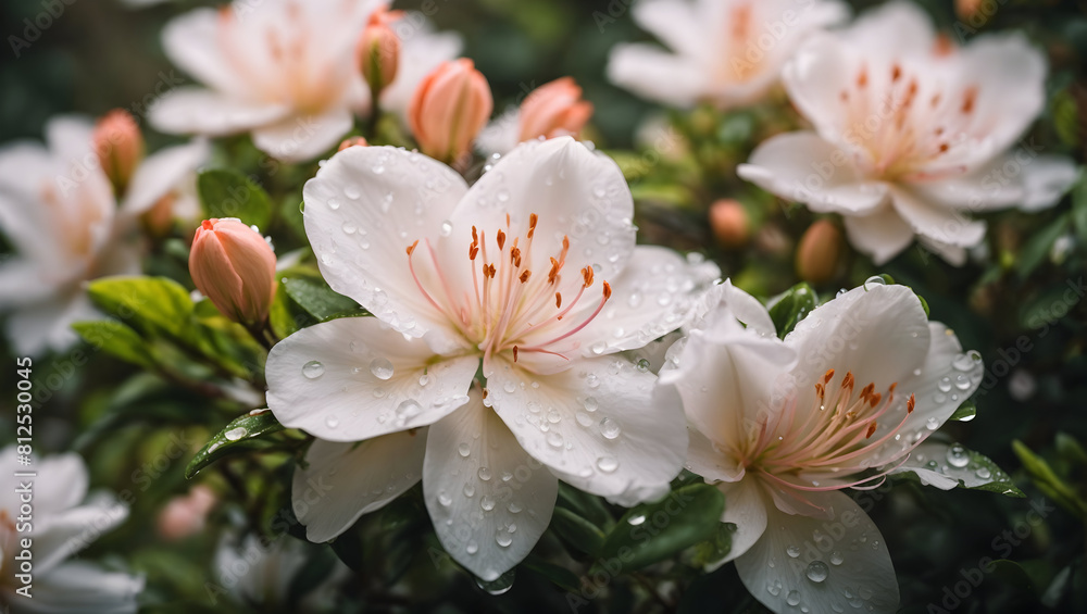 Water drops on a beautiful colorful azalea flowers gardens background design wallpaper Water drops on a beautiful colorful azalea flowers gardens background design wallpaper