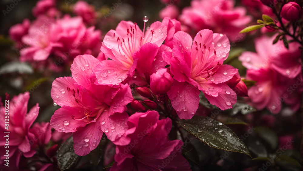 Water drops on a beautiful colorful azalea flowers gardens background design wallpaper Water drops on a beautiful colorful azalea flowers gardens background design wallpaper