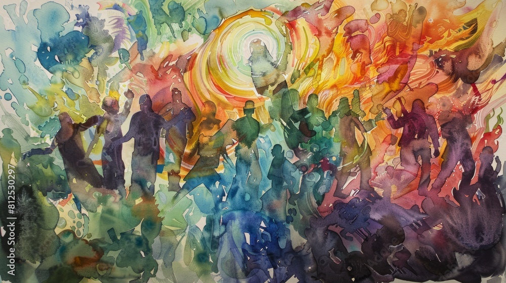Captivating watercolor painting illustrating the dynamic and ever-changing nature of community dynamics