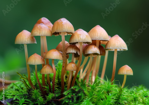 A group of brown mushrooms growing on moss in a forest