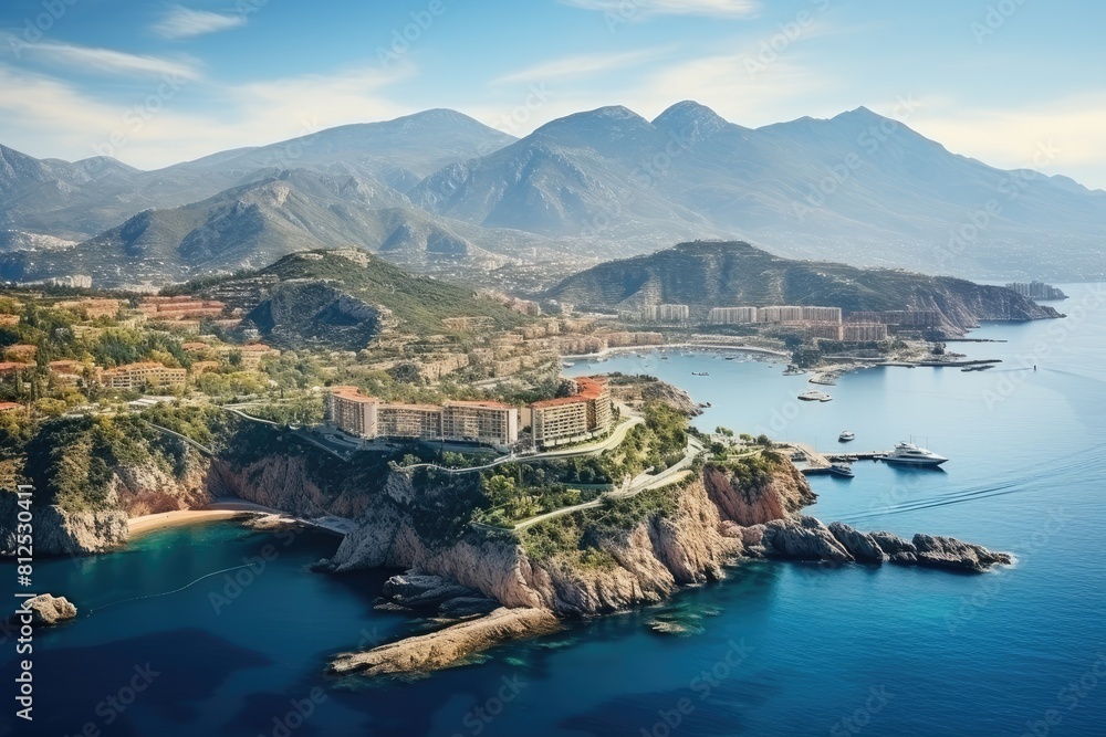 Obraz premium Monaco landscape. Breathtaking Aerial View of Mediterranean Coastal Town with Mountains and Sea.