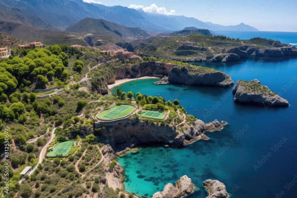 Fototapeta premium Monaco landscape. Aerial View of Tennis Courts on Coastal Cliffs Overlooking Turquoise Sea.