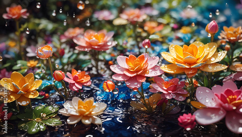 Water drops on a beautiful colorful beli flowers gardens background design wallpaper