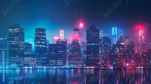 Cityscape backdrop with skyscrapers illuminated in red, white, and blue
