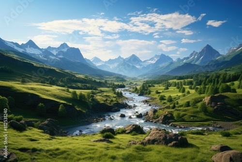 Montenegro landscape. Majestic Mountainous Landscape with Lush Meadows and Flowing River.