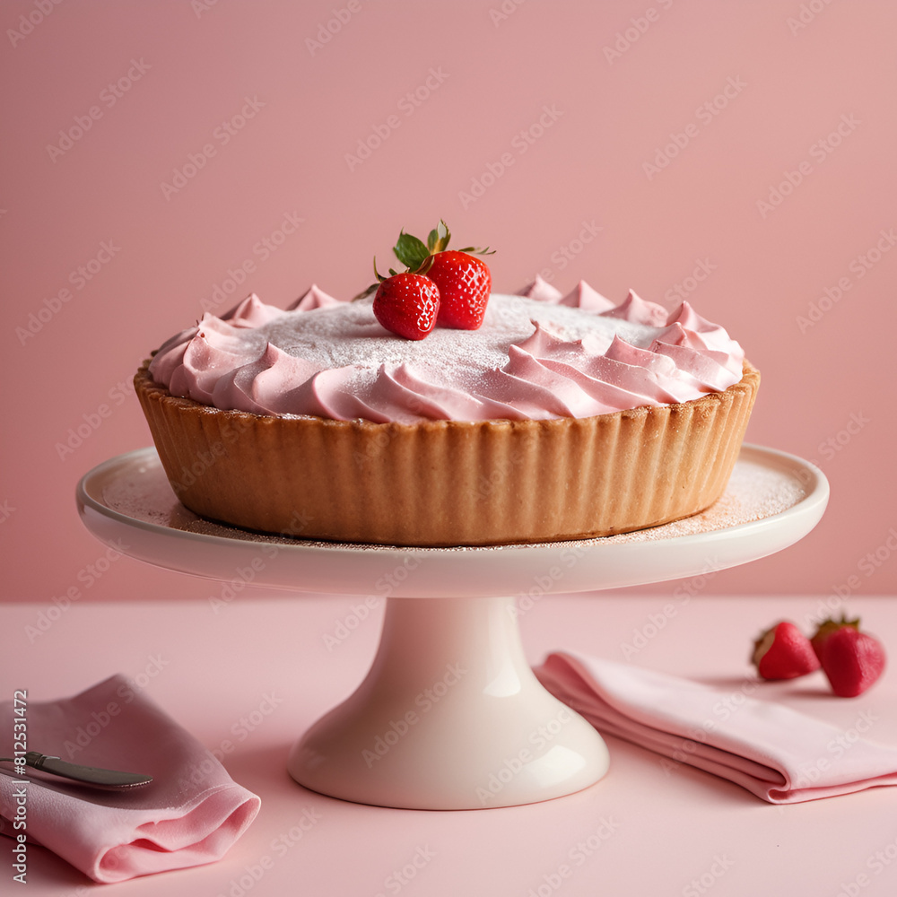 A strawberry whipped tart sits on a cake stand on a soft pink background., garnished with a berry. Minimal food concept. Copy space. A strawberry whipped tart sits on a cake stand on a soft pink background., garnished with a berry. Minimal food concept. Copy space.
