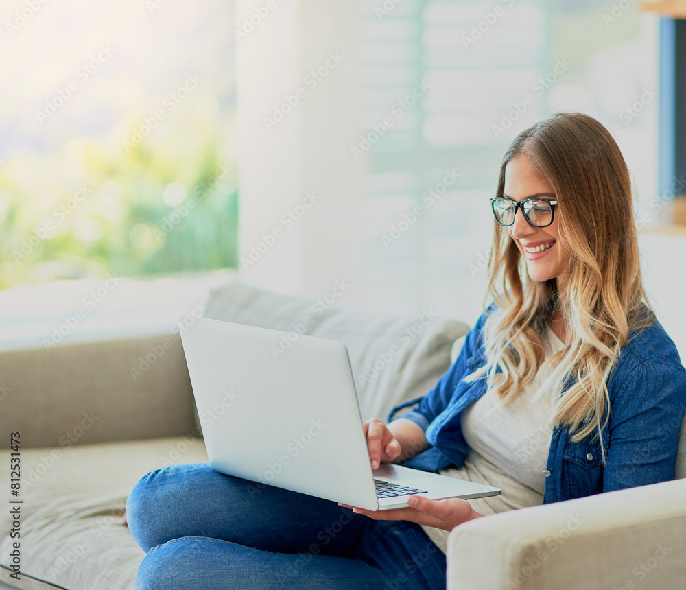 Woman, happy and relax on sofa with laptop for online streaming entertainment, social media memes and comedy movie. Girl, home and technology with internet for reading articles or ebooks and websites Woman, happy and relax on sofa with laptop for online streaming entertainment, social media memes and comedy movie. Girl, home and technology with internet for reading articles or ebooks and websites