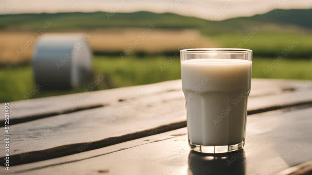 Fresh milk in glass on wooden table , Landscape with cows and green grass on the background. Sunny morning dairy farm products Fresh milk in glass on wooden table , Landscape with cows and green grass on the background. Sunny morning dairy farm products