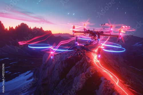 A drone with lights on it is flying over a mountain range