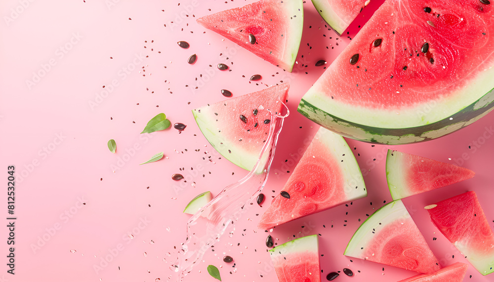 Slices of fresh juicy watermelon falling on pink background Slices of fresh juicy watermelon falling on pink background