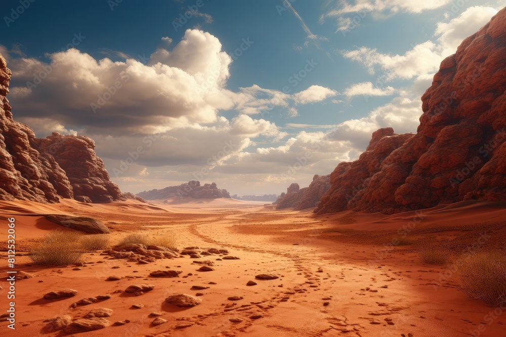 Naklejka premium Generative AI. Majestic Red Desert Landscape with Dramatic Sky and Rugged Terrain.