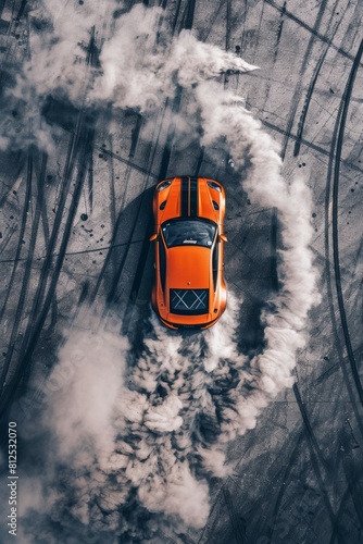  Drift, Aerial View of Professional Driver Executing a Perfect Drift on Asphalt Track orange car