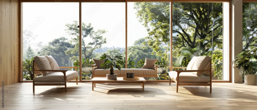 A living room with a large window and a view of trees A living room with a large window and a view of trees