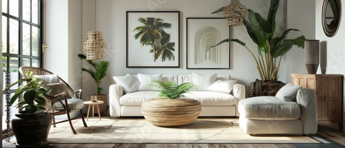 A living room with a white couch  a coffee table  and a potted plant